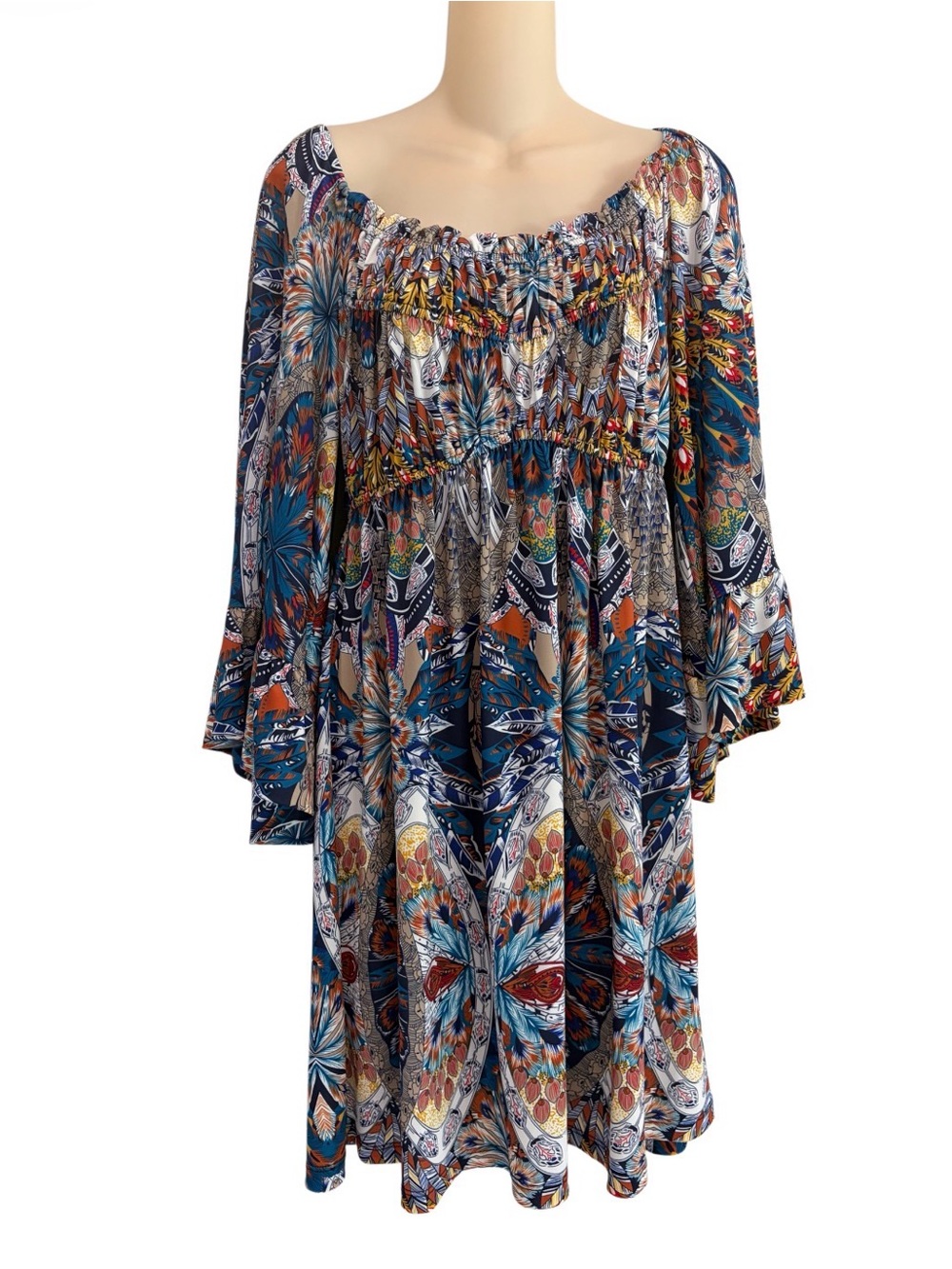 Boston Proper Poet Dress Peacock Print Size Medium Above Knee Bell Sleeve Boho